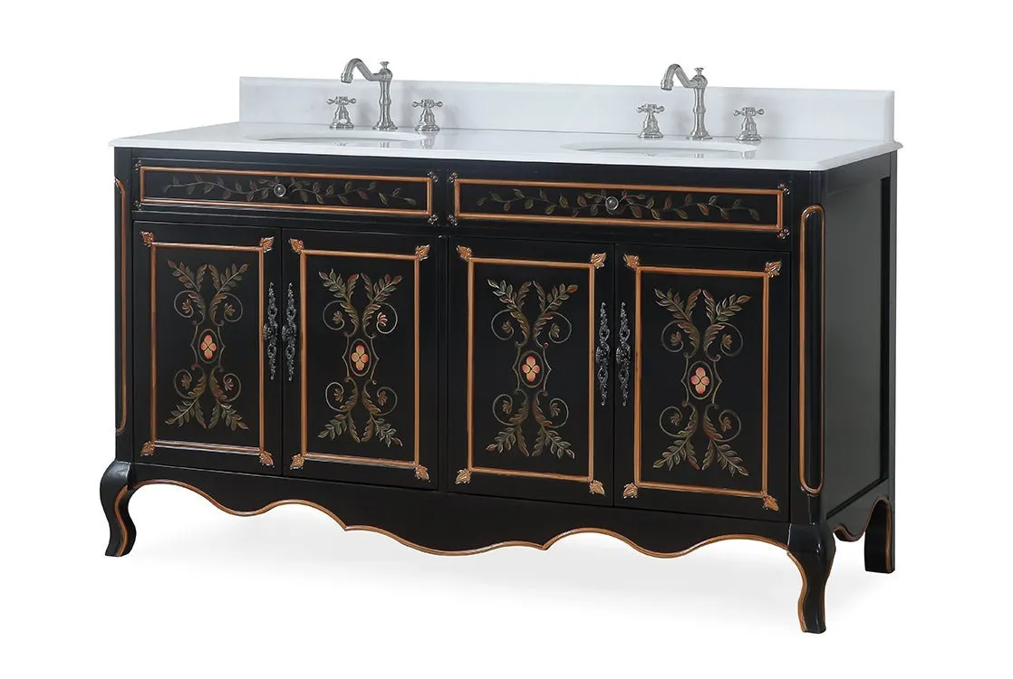 60 Inch Black Hand-Painted Floral Decoroso Double Sink Bathroom Vanity