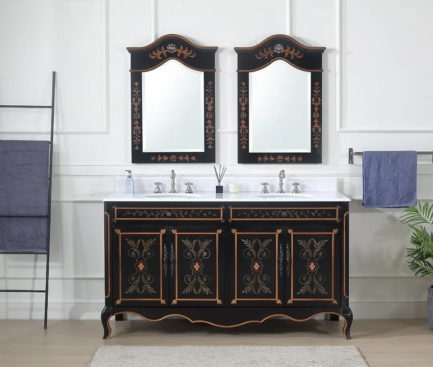 60 Inch Black Hand-Painted Floral Decoroso Double Sink Bathroom Vanity