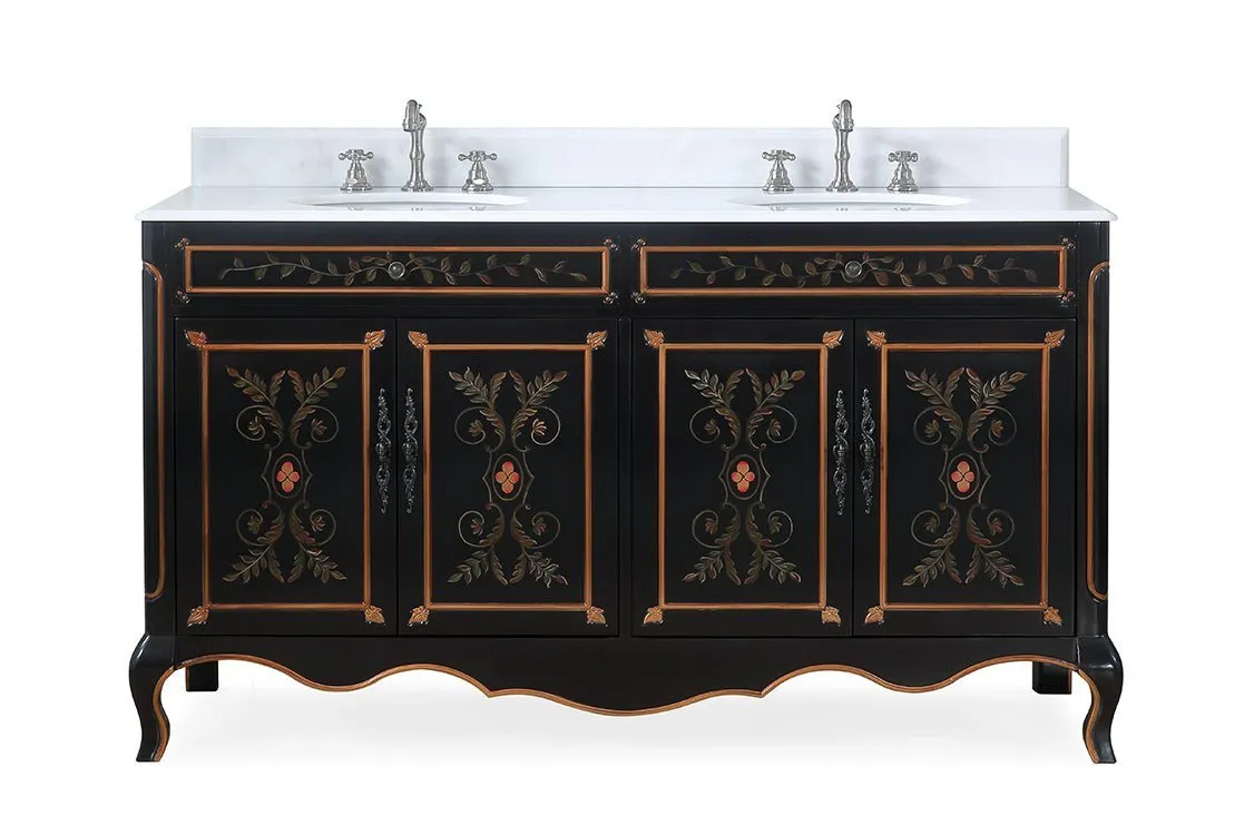 60 Inch Black Hand-Painted Floral Decoroso Double Sink Bathroom Vanity