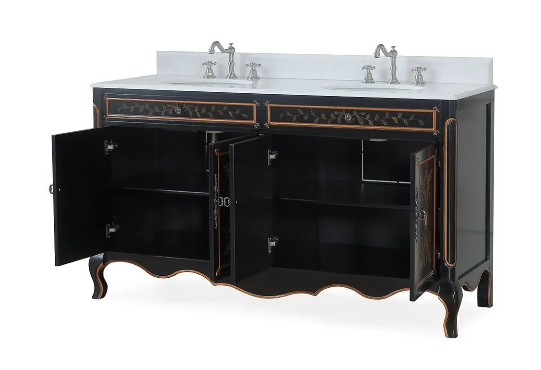 60 Inch Black Hand-Painted Floral Decoroso Double Sink Bathroom Vanity