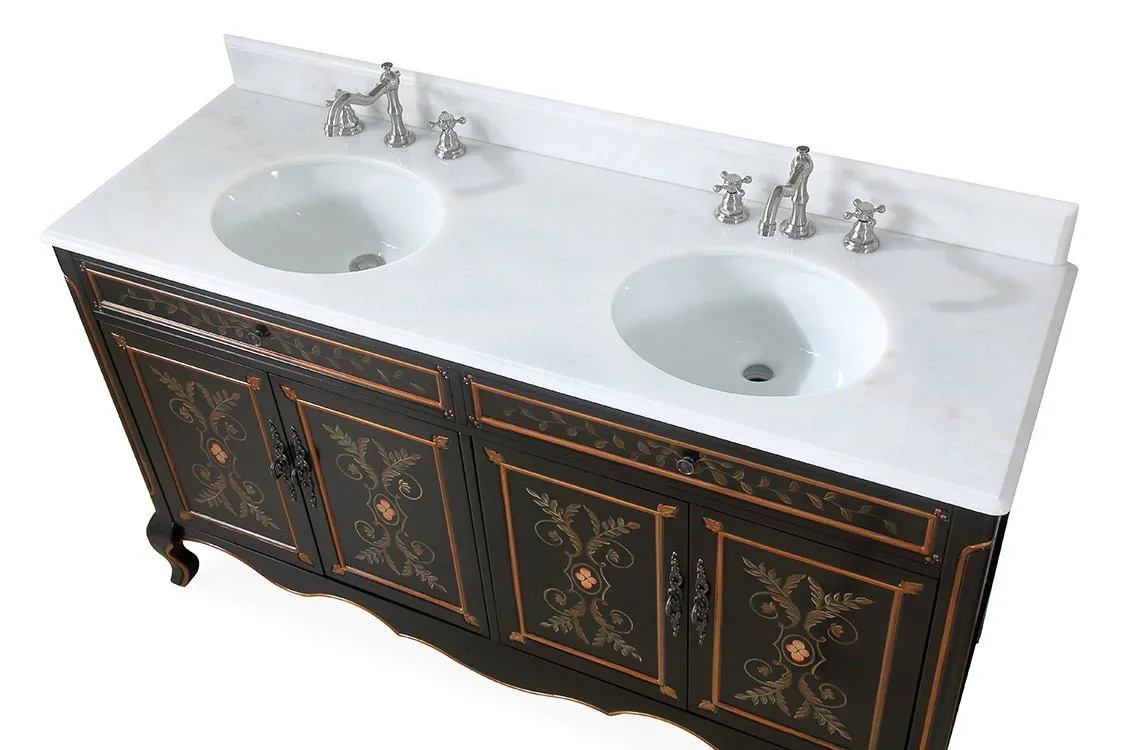 60 Inch Black Hand-Painted Floral Decoroso Double Sink Bathroom Vanity