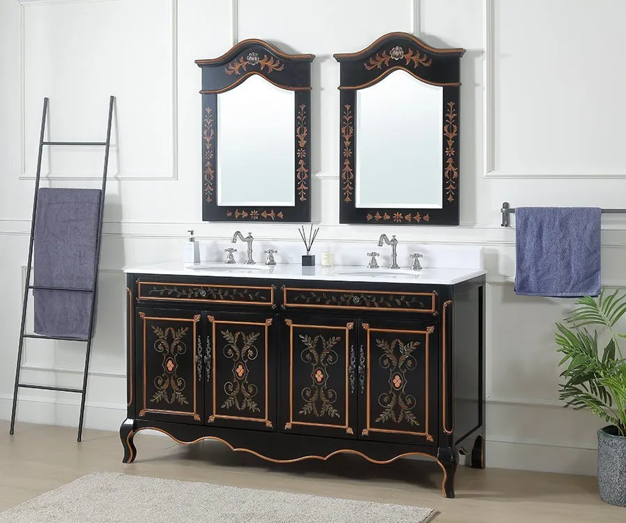 60 Inch Black Hand-Painted Floral Decoroso Double Sink Bathroom Vanity