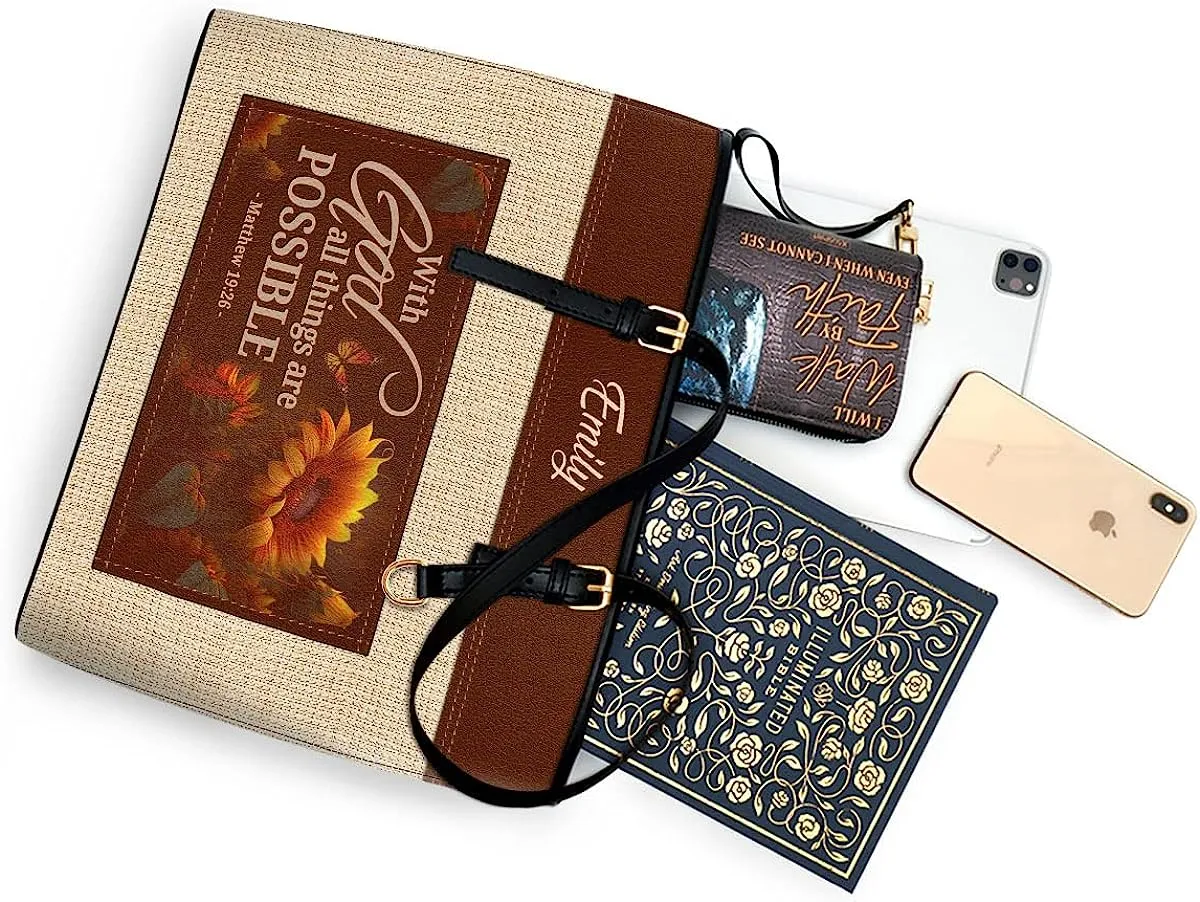 All Things Are Possible Personalized Large Leather Tote Bag - Christian Inspirational Gifts For Women