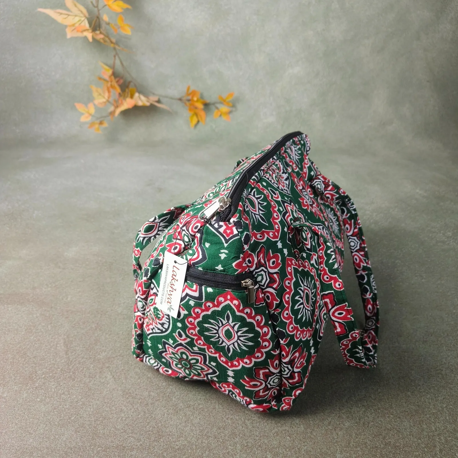 Barrel Handbags Green with Arasbeque Prints Design