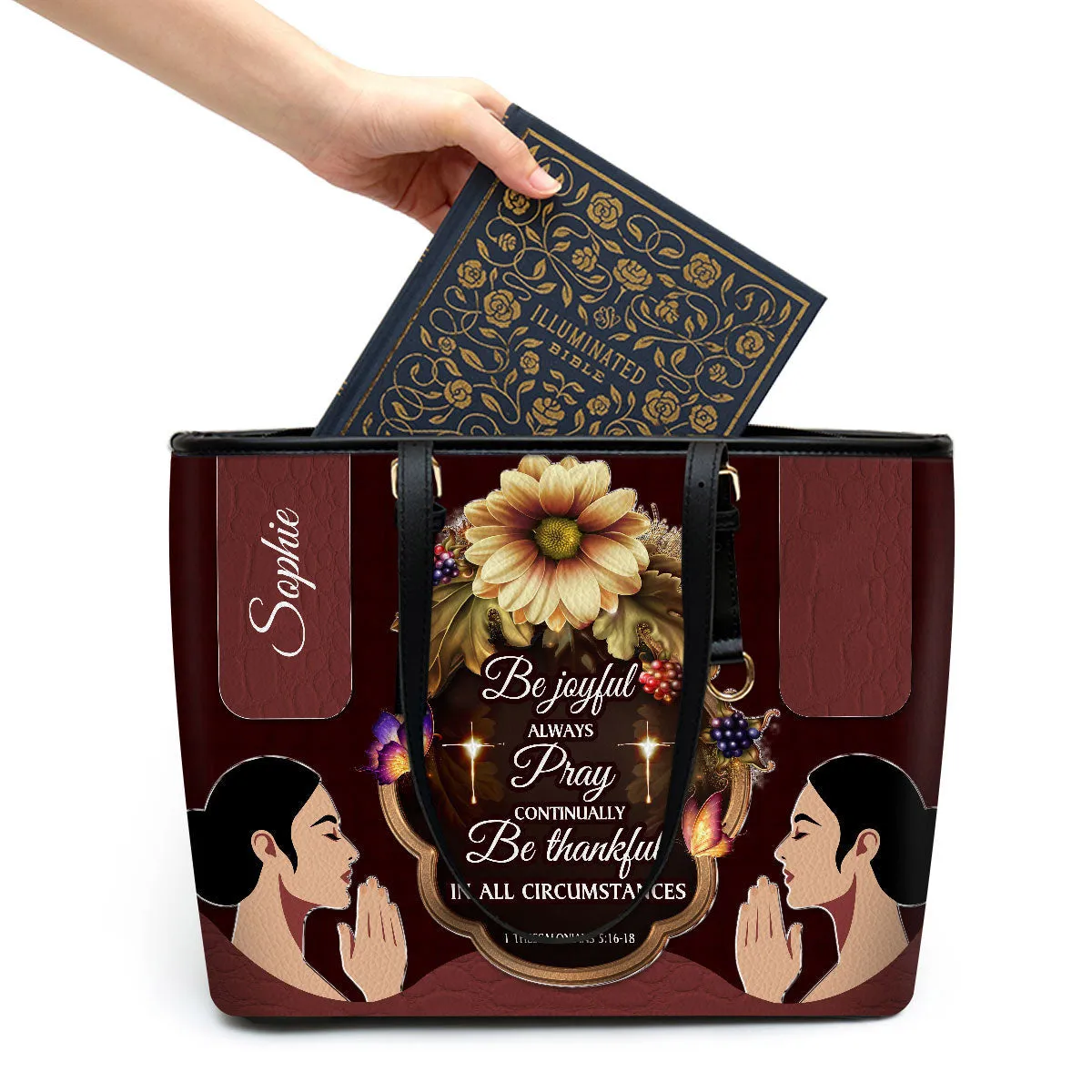 Be Thankful In All Circumstances Personalized Large Leather Tote Bag - Christian Gifts For Women