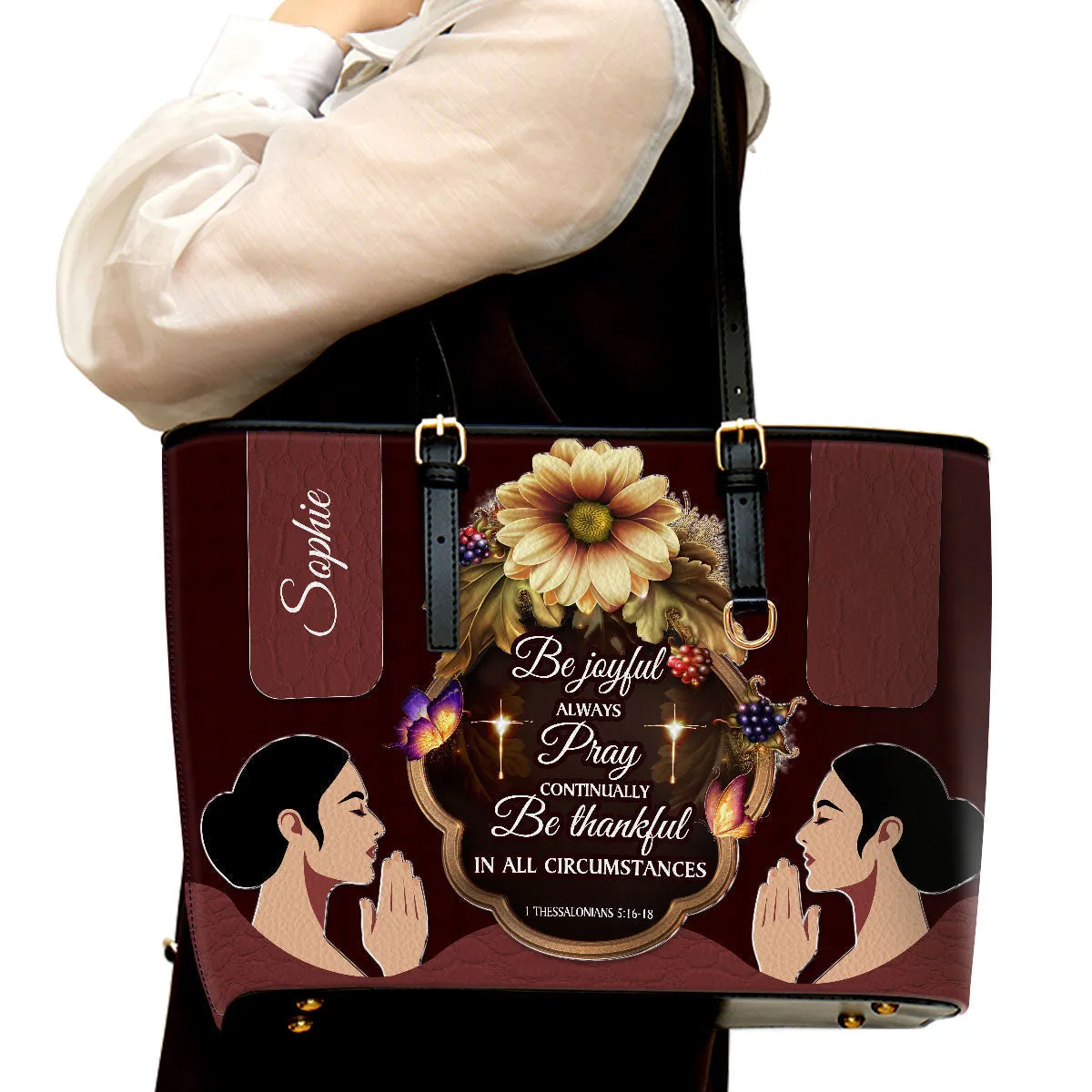 Be Thankful In All Circumstances Personalized Large Leather Tote Bag - Christian Gifts For Women