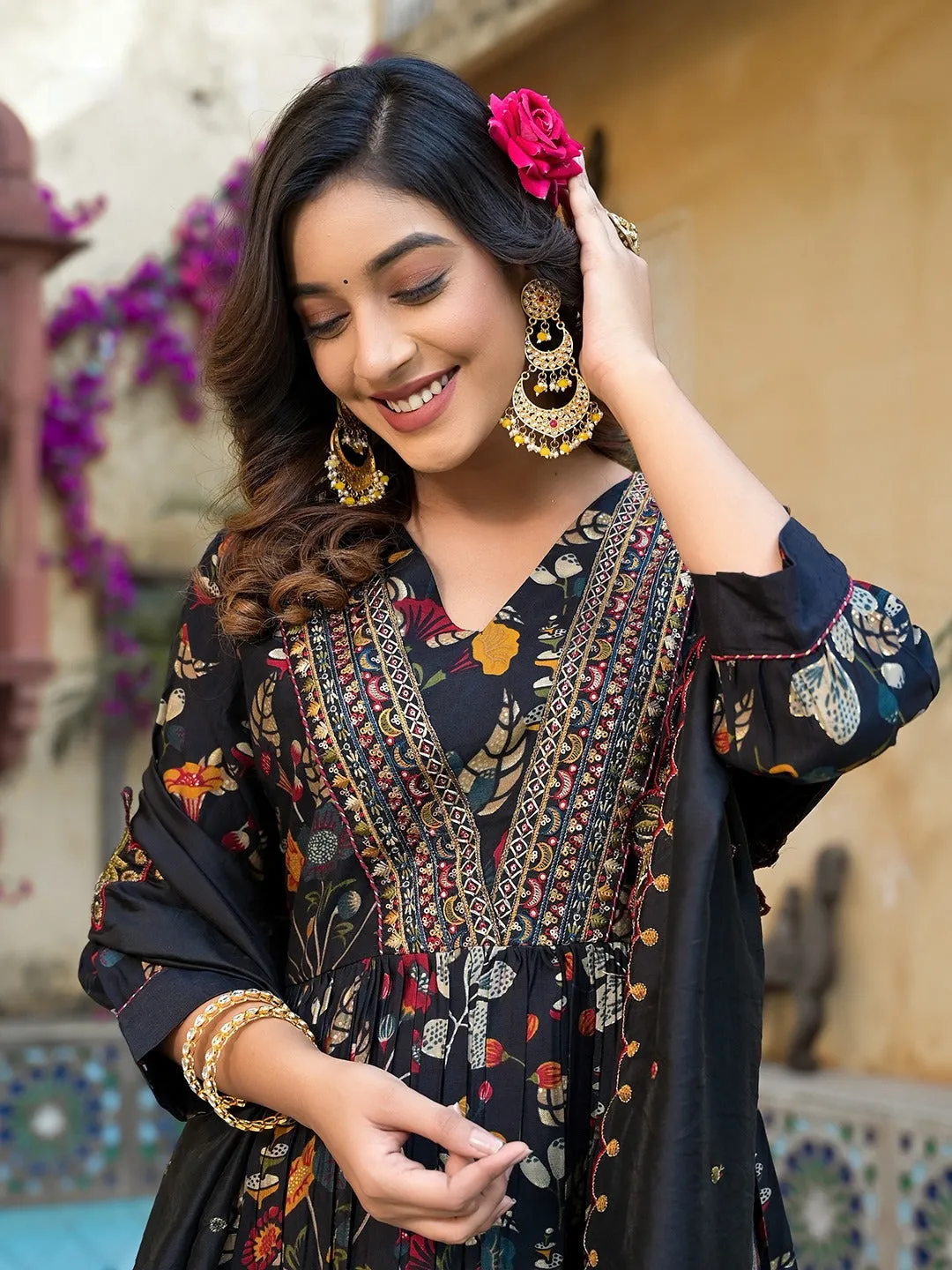 Black Embroidered A-Line Kurta Trouser With Dupatta Set