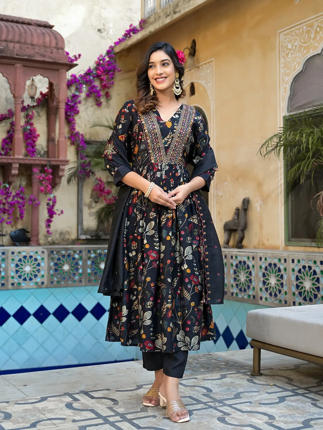 Black Embroidered A-Line Kurta Trouser With Dupatta Set