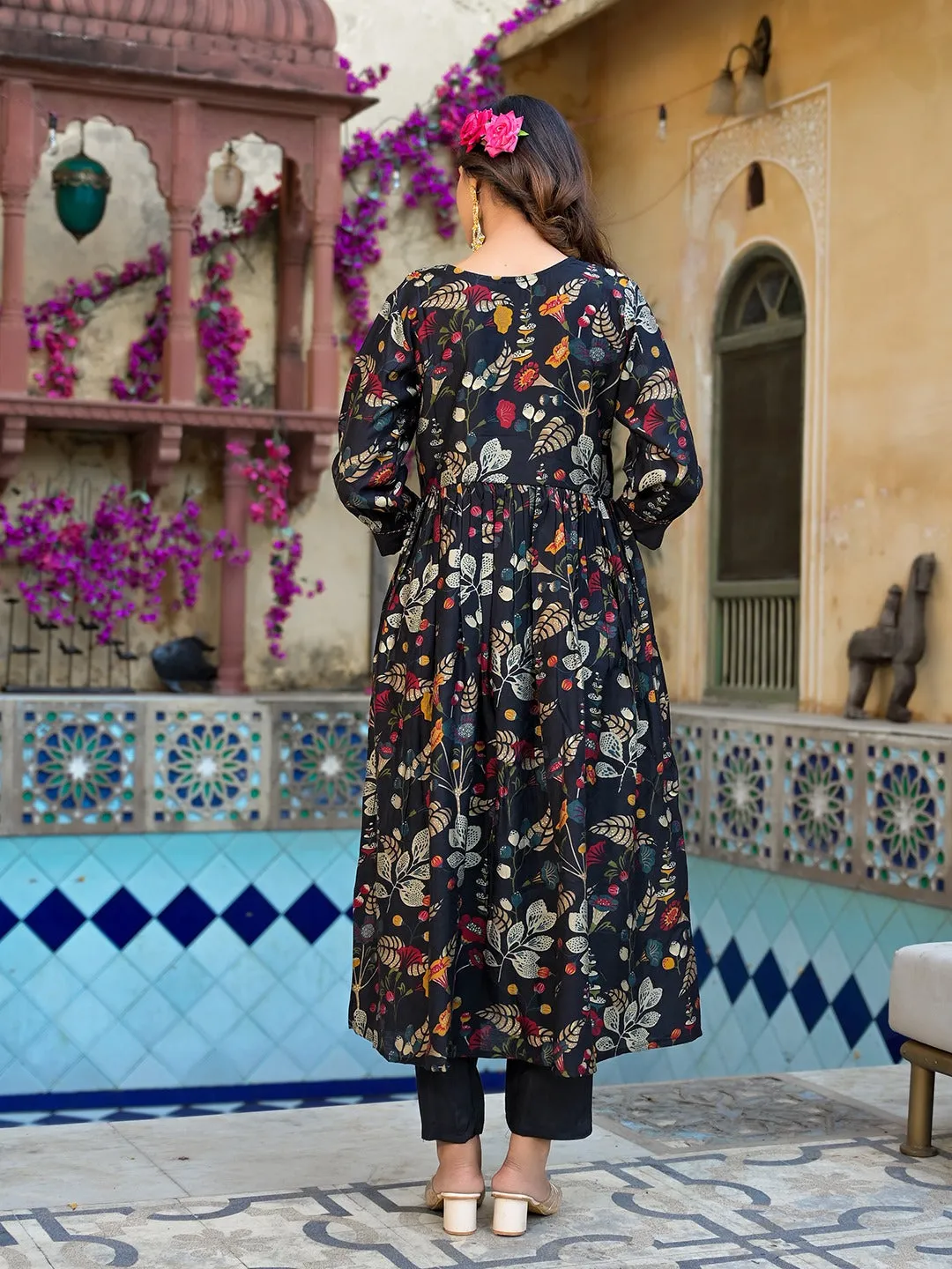 Black Embroidered A-Line Kurta Trouser With Dupatta Set