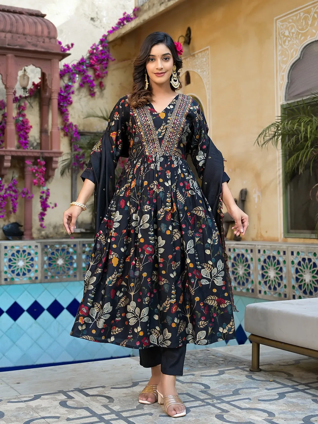 Black Embroidered A-Line Kurta Trouser With Dupatta Set