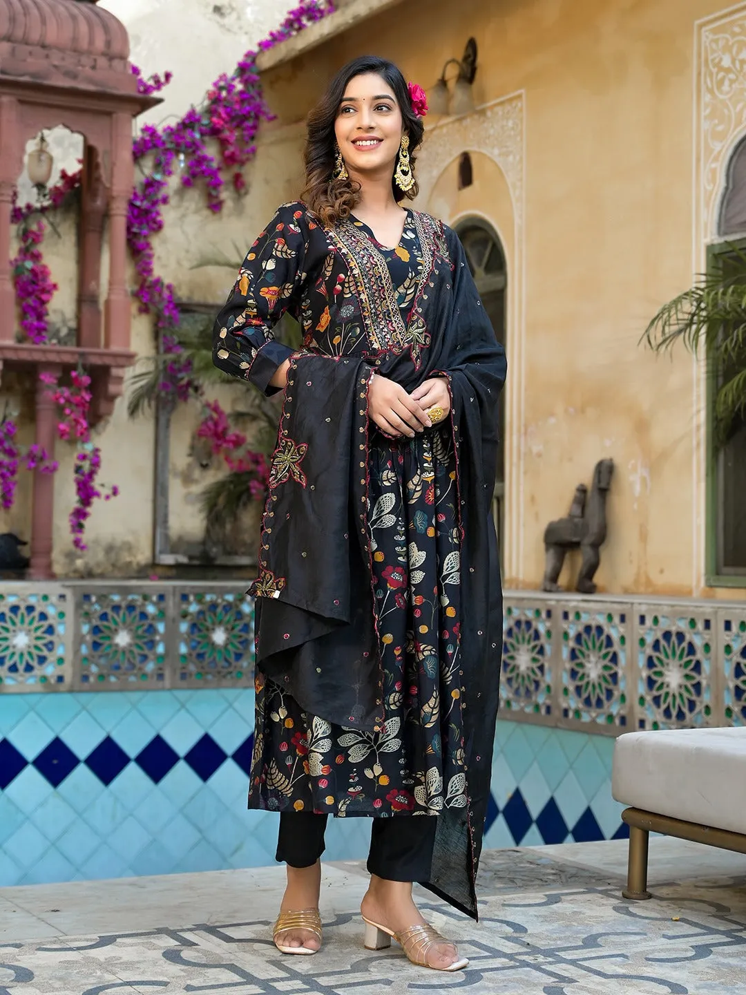 Black Embroidered A-Line Kurta Trouser With Dupatta Set