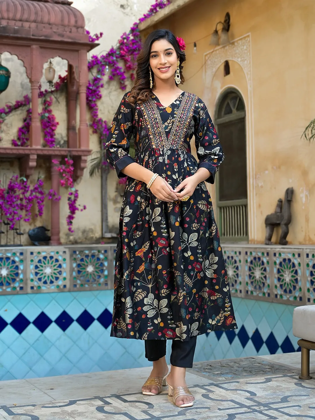 Black Embroidered A-Line Kurta Trouser With Dupatta Set