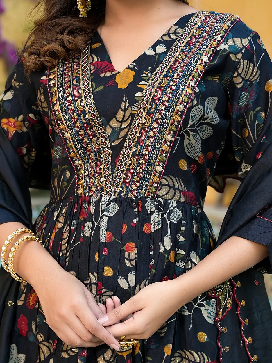 Black Embroidered A-Line Kurta Trouser With Dupatta Set