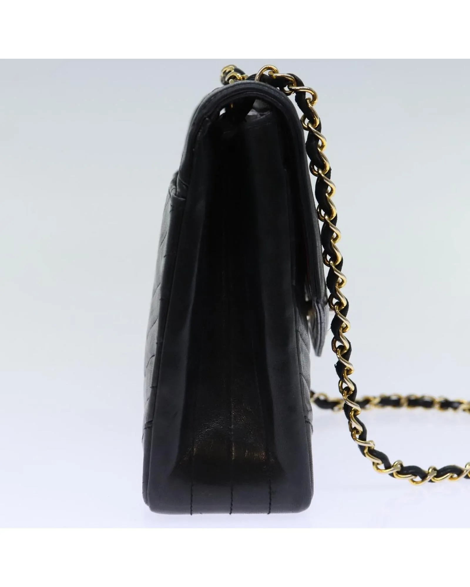 Black Leather Turn Lock Chain Hand Bag with V Stitch Detail