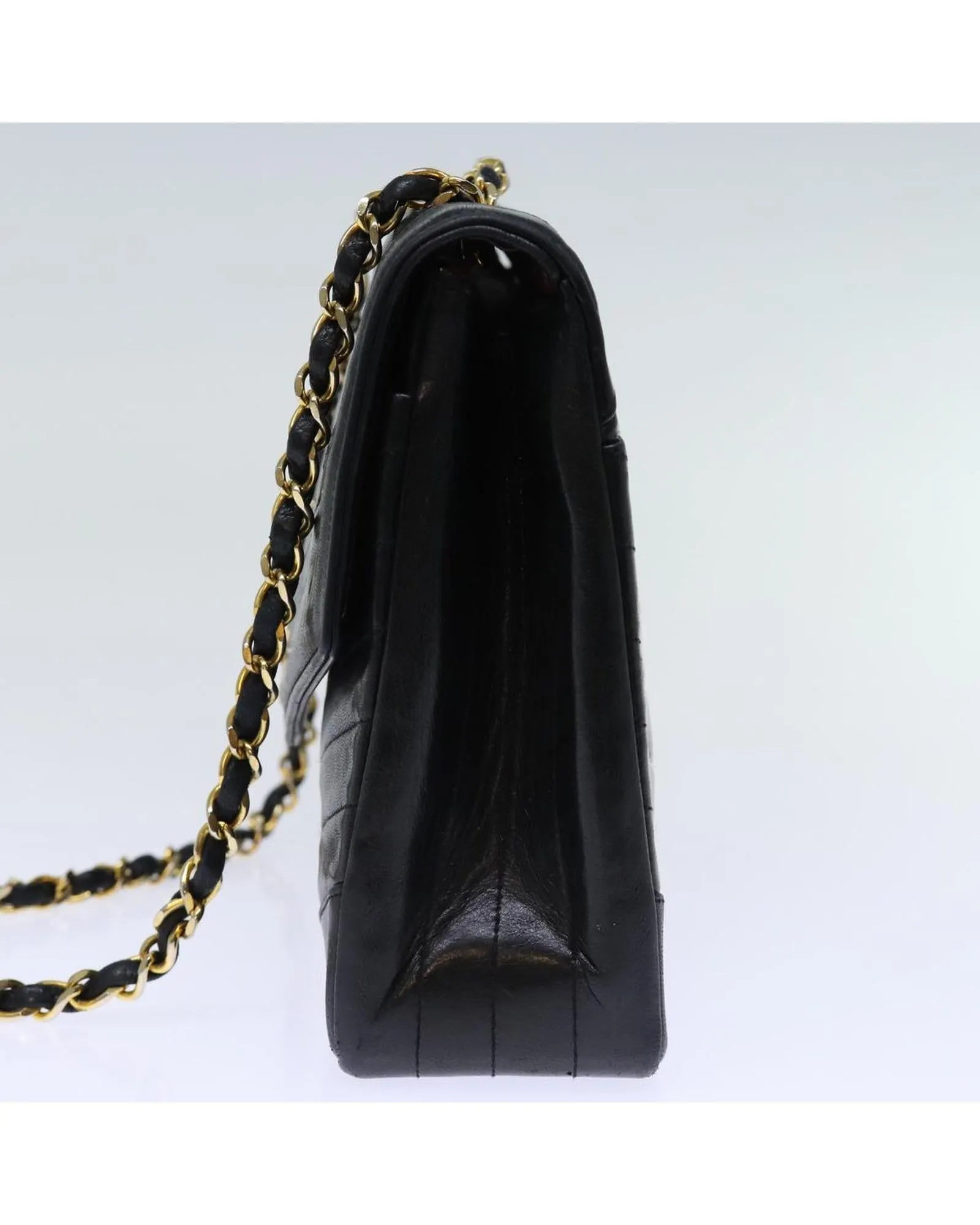 Black Leather Turn Lock Chain Hand Bag with V Stitch Detail