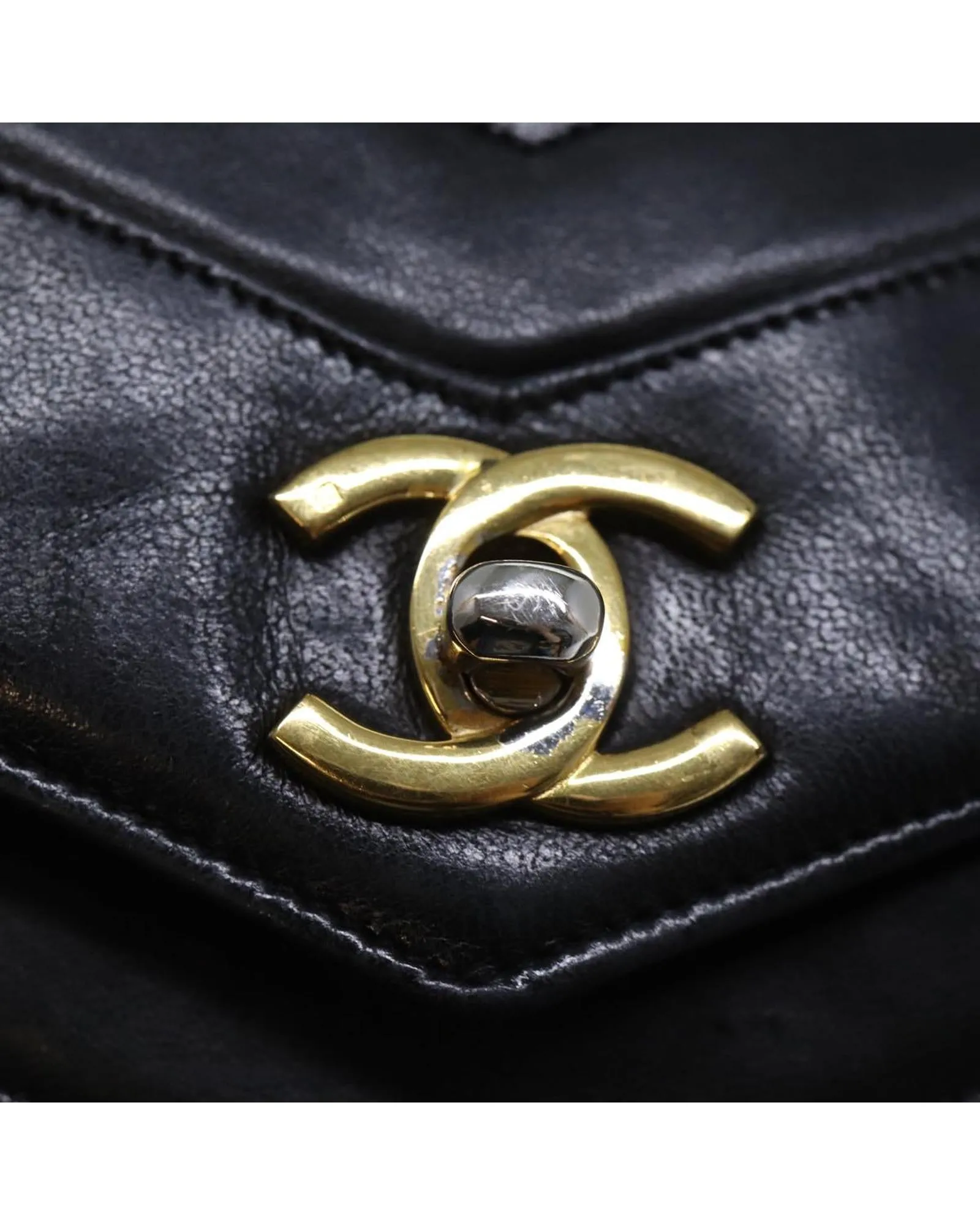 Black Leather Turn Lock Chain Hand Bag with V Stitch Detail