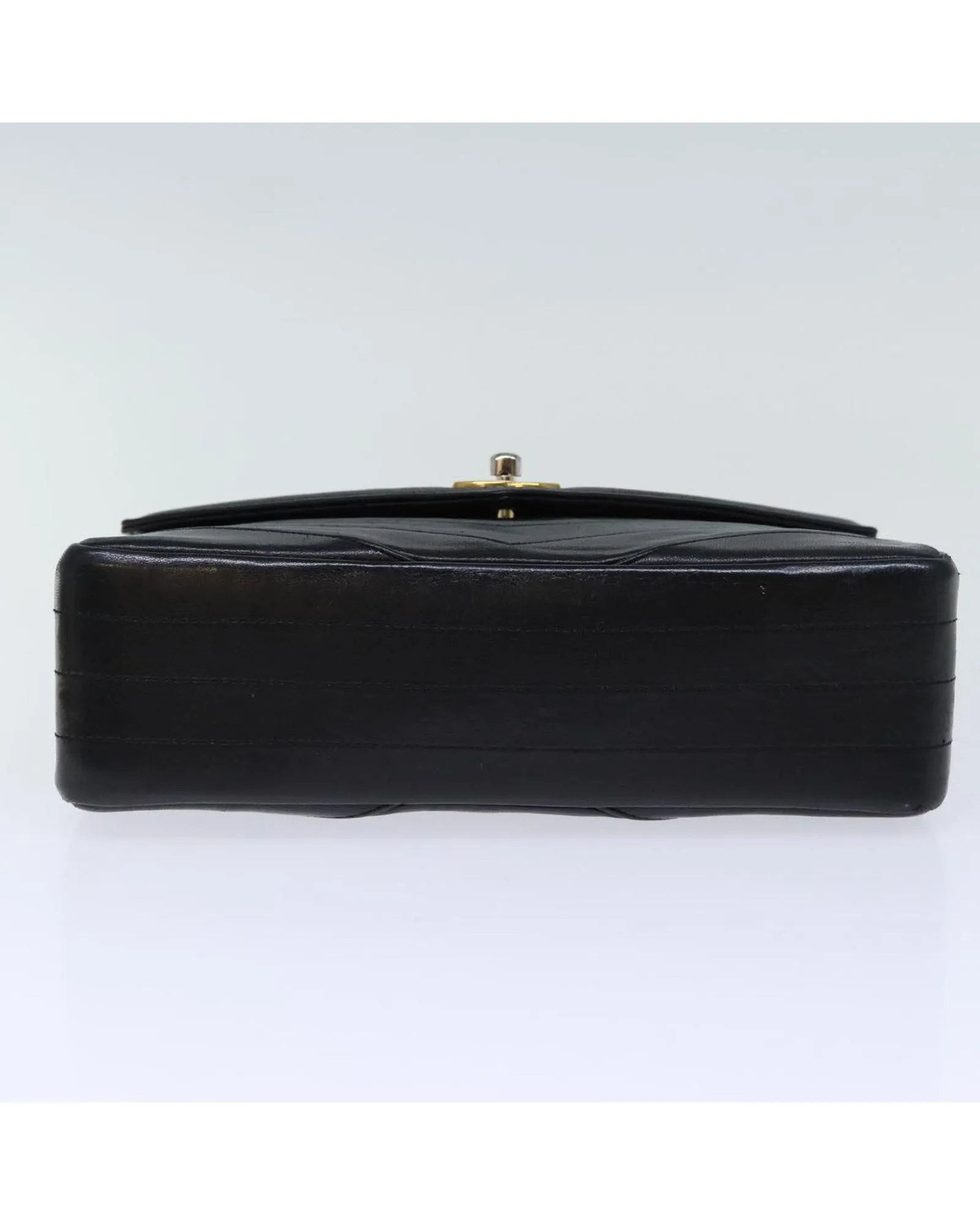 Black Leather Turn Lock Chain Hand Bag with V Stitch Detail