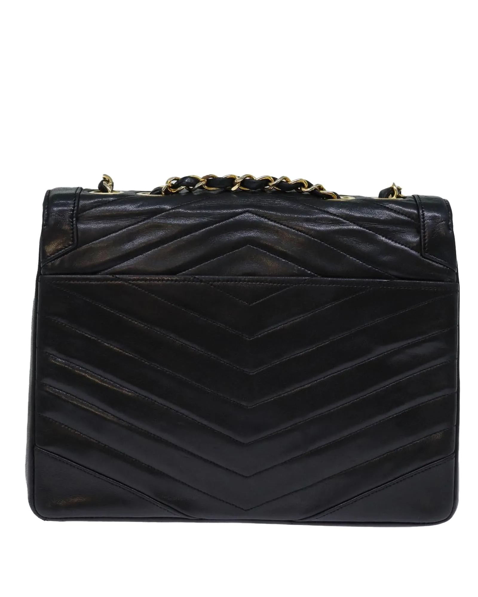 Black Leather Turn Lock Chain Hand Bag with V Stitch Detail