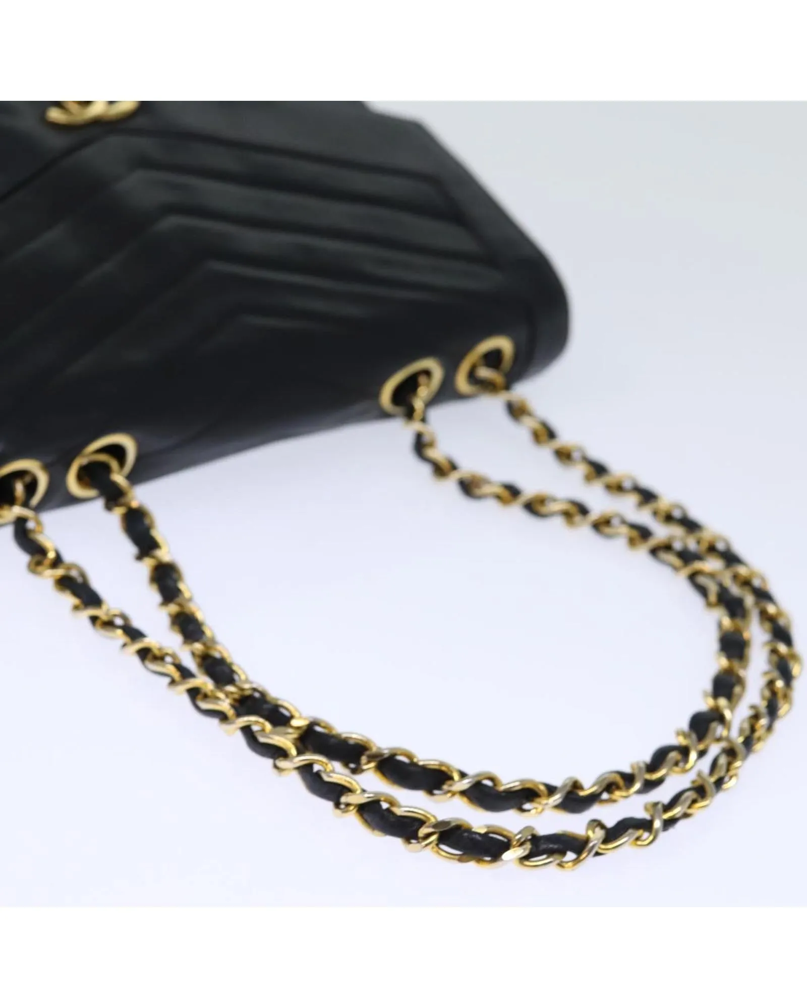 Black Leather Turn Lock Chain Hand Bag with V Stitch Detail