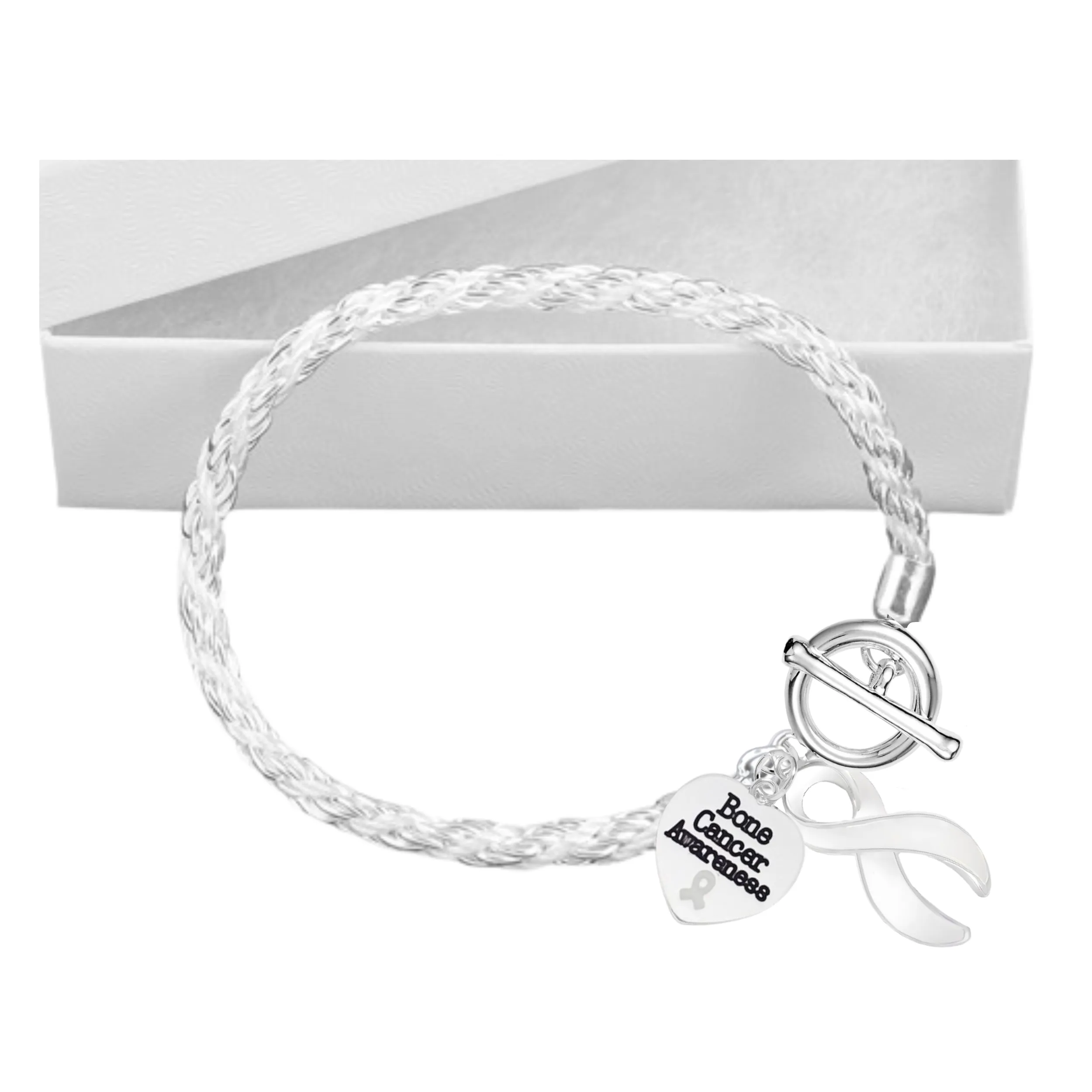 Bone Cancer Heart Awareness Charm White Ribbon Rope Bracelets