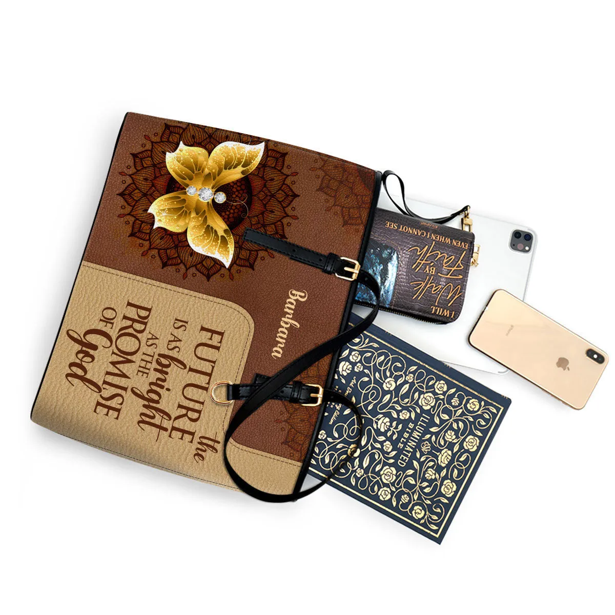 Butterfly And Flower The Future Is As Bright As The Promises Of God Personalized Large Leather Tote Bag - Christian Gifts For Women