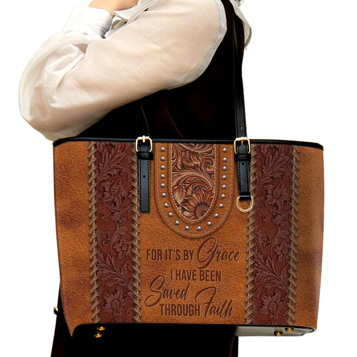 By Grace I Have Been Saved Through Faith Large Leather Tote Bag - Christ Gifts For Religious Women - Best Mother's Day Gifts