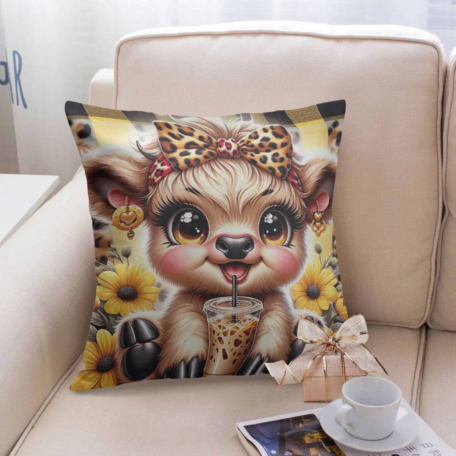 Charming Highland Cow Coffee Break Pillow Cover