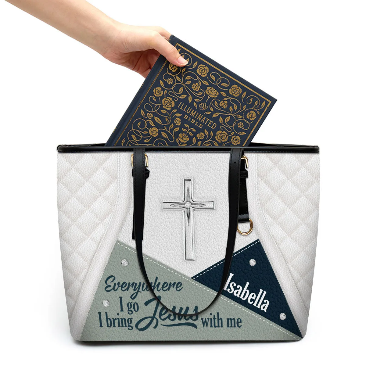 Everywhere I Go I Bring Jesus With Me Personalized Large Leather Tote Bag - Christian Gifts For Women