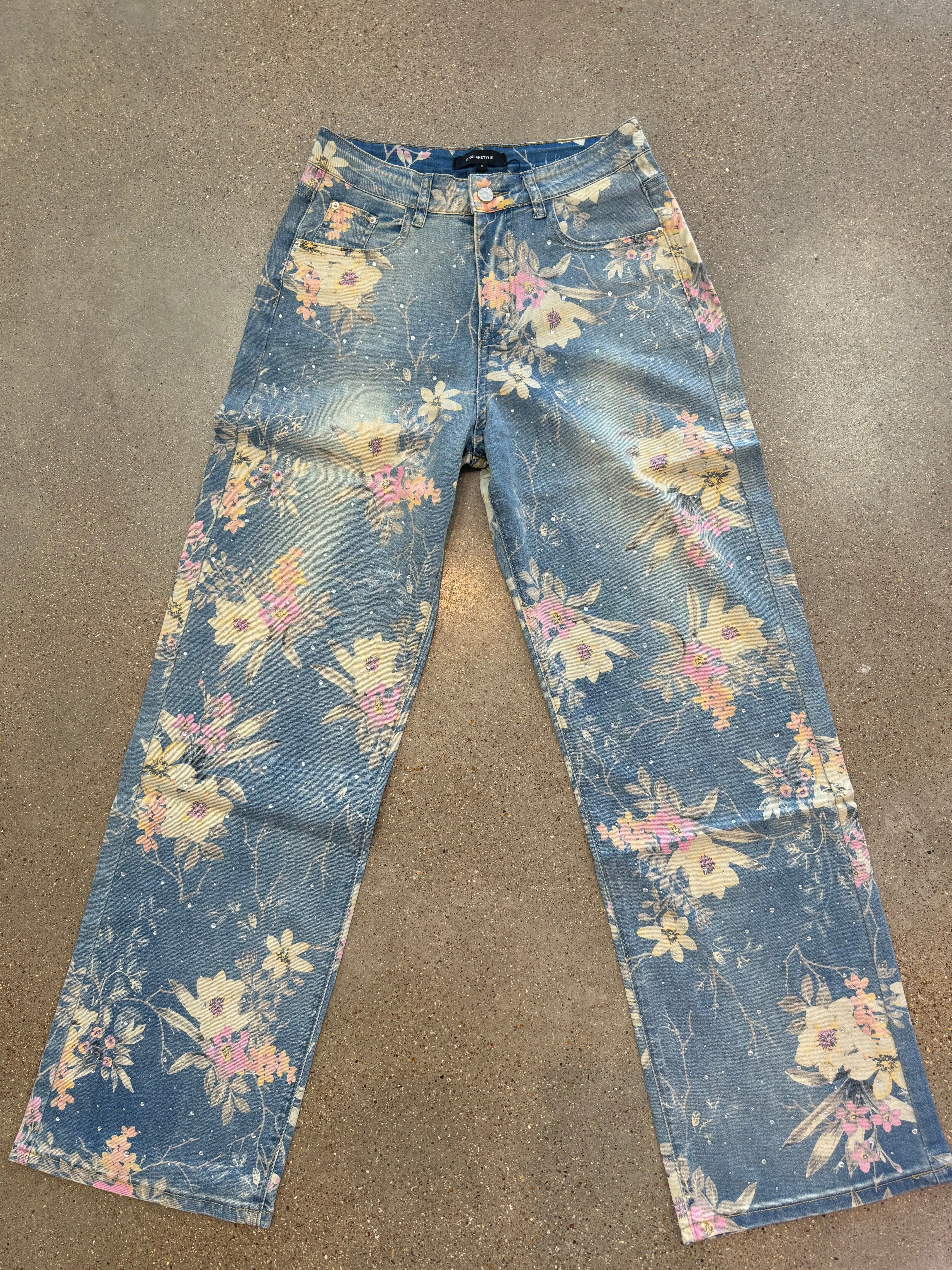 Floral Printed & Embellished Denim