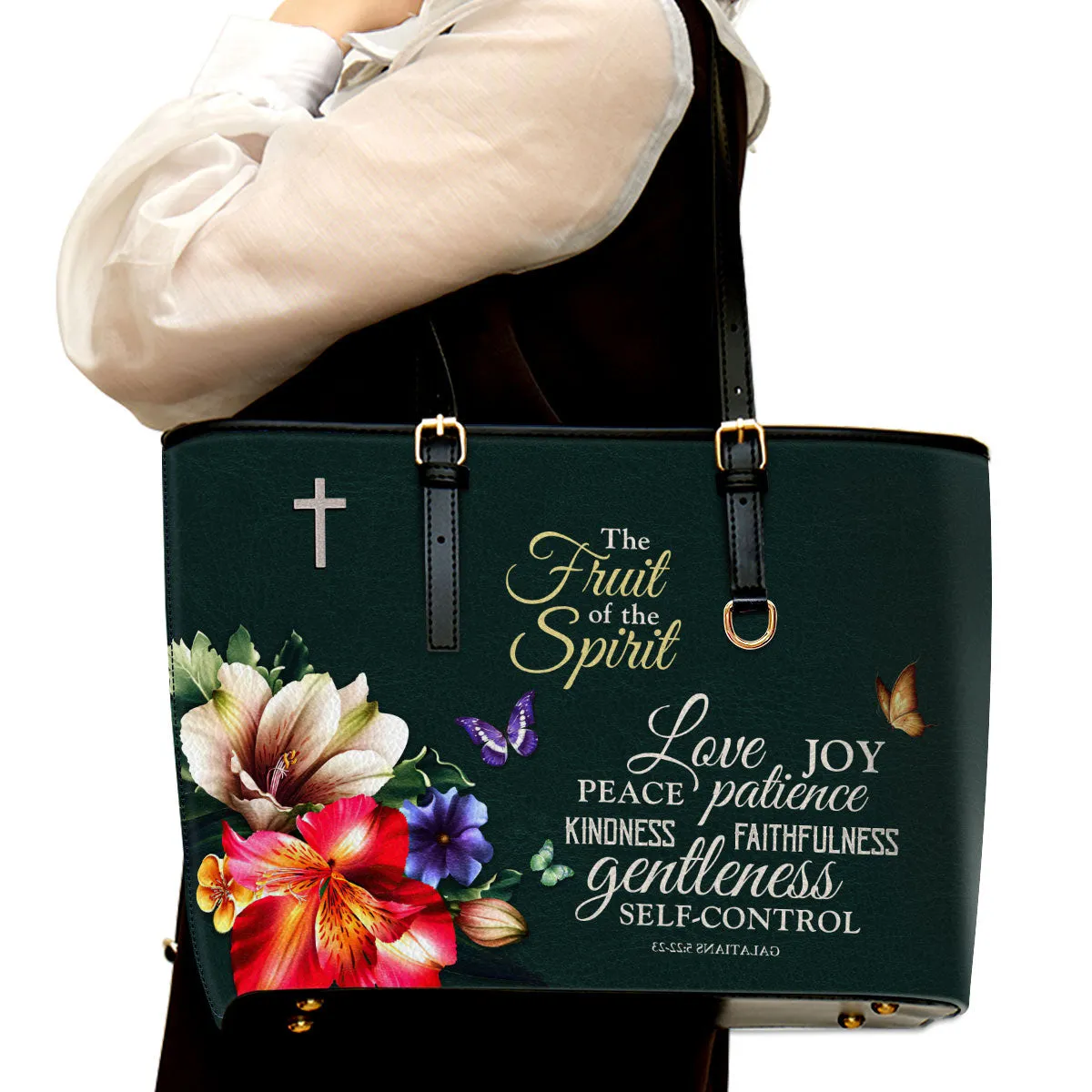 Galatians 522 23 The Fruit Of The Spirit Large Leather Tote Bag - Christ Gifts For Religious Women - Best Mother's Day Gifts