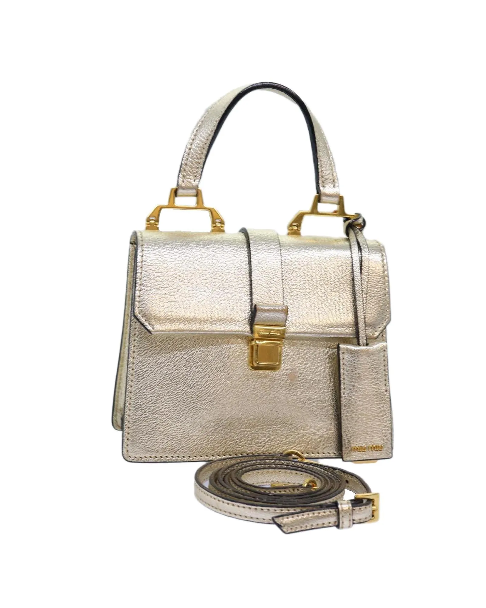 Gold Leather 2-Way Hand Bag by Miu Miu