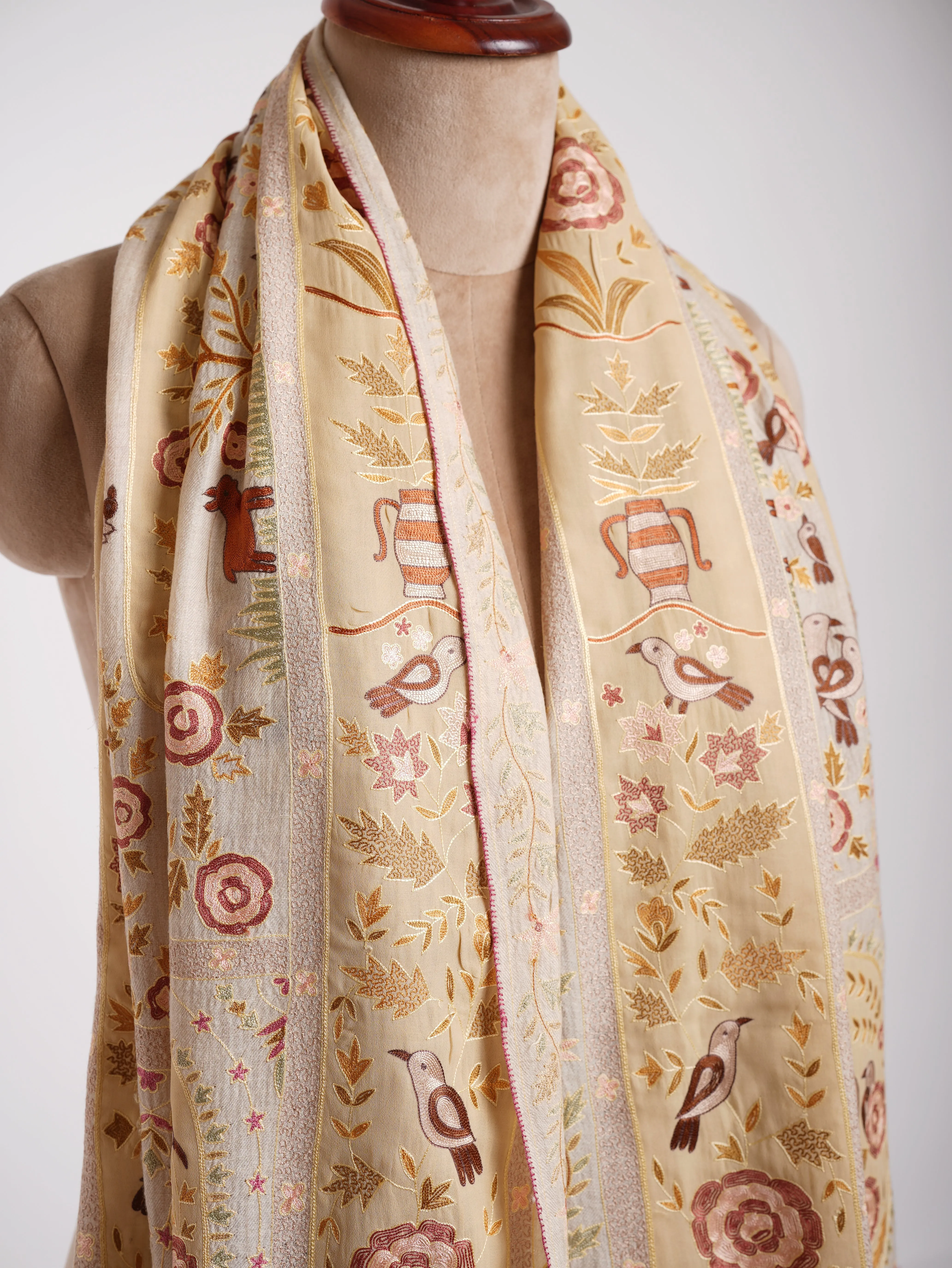 Handmade Patch Worked Jamavar Pashmina Shawl Vanilla Cream