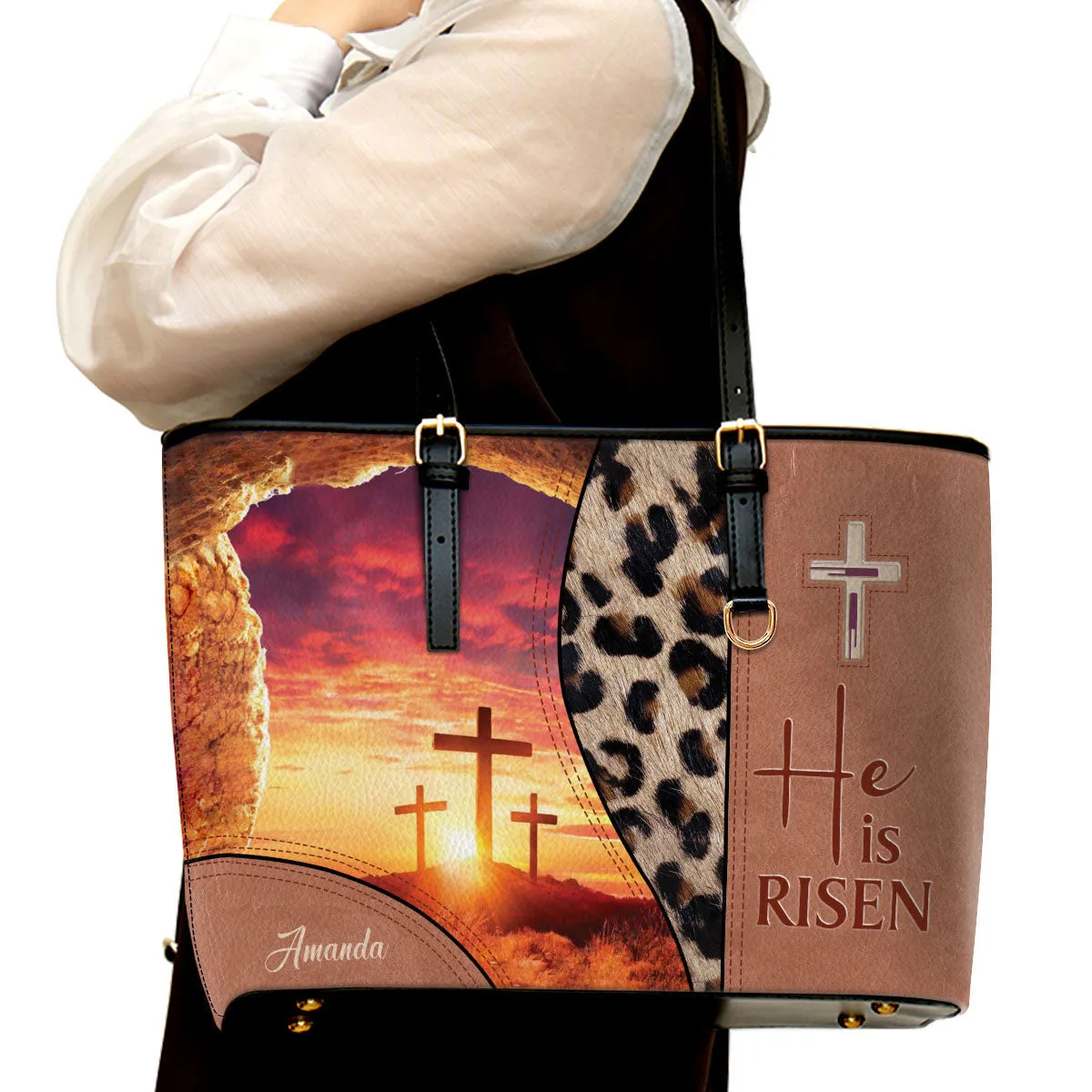 He Is Risen Personalized Cross Large Leather Tote Bag - Christian Inspirational Gifts For Women