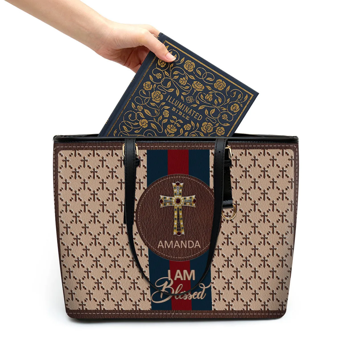 I Am Blessed Personalized Large Leather Tote Bag - Christian Inspirational Gifts For Women