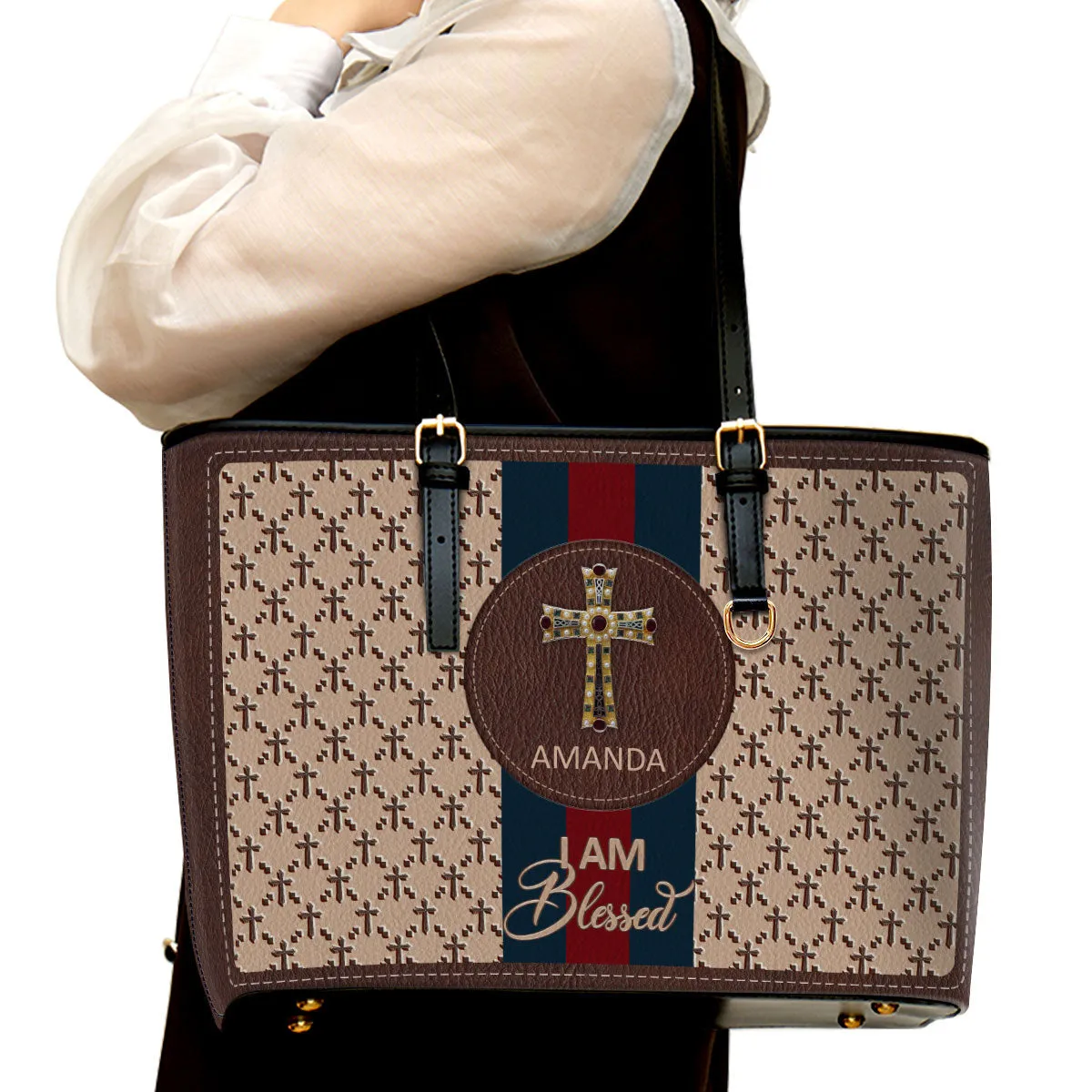 I Am Blessed Personalized Large Leather Tote Bag - Christian Inspirational Gifts For Women