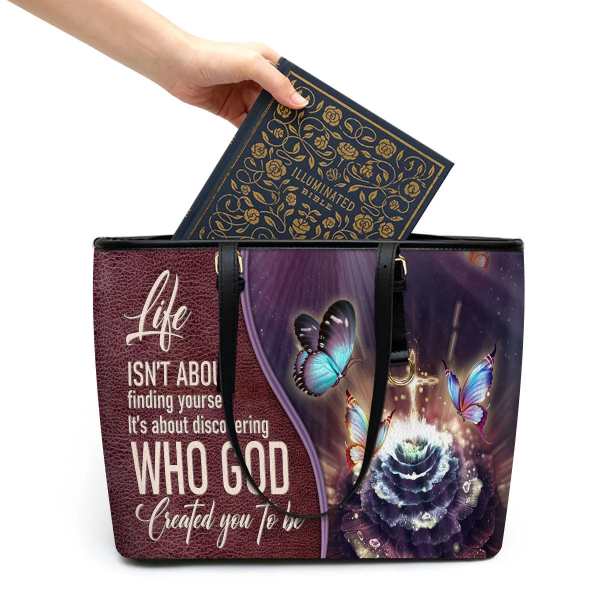 Life Is About Discovering Who God Created You To Be Large Leather Tote Bag - Christ Gifts For Religious Women - Best Mother's Day Gifts