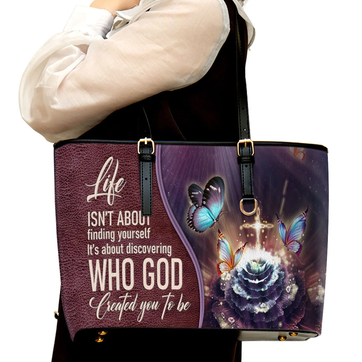 Life Is About Discovering Who God Created You To Be Large Leather Tote Bag - Christ Gifts For Religious Women - Best Mother's Day Gifts