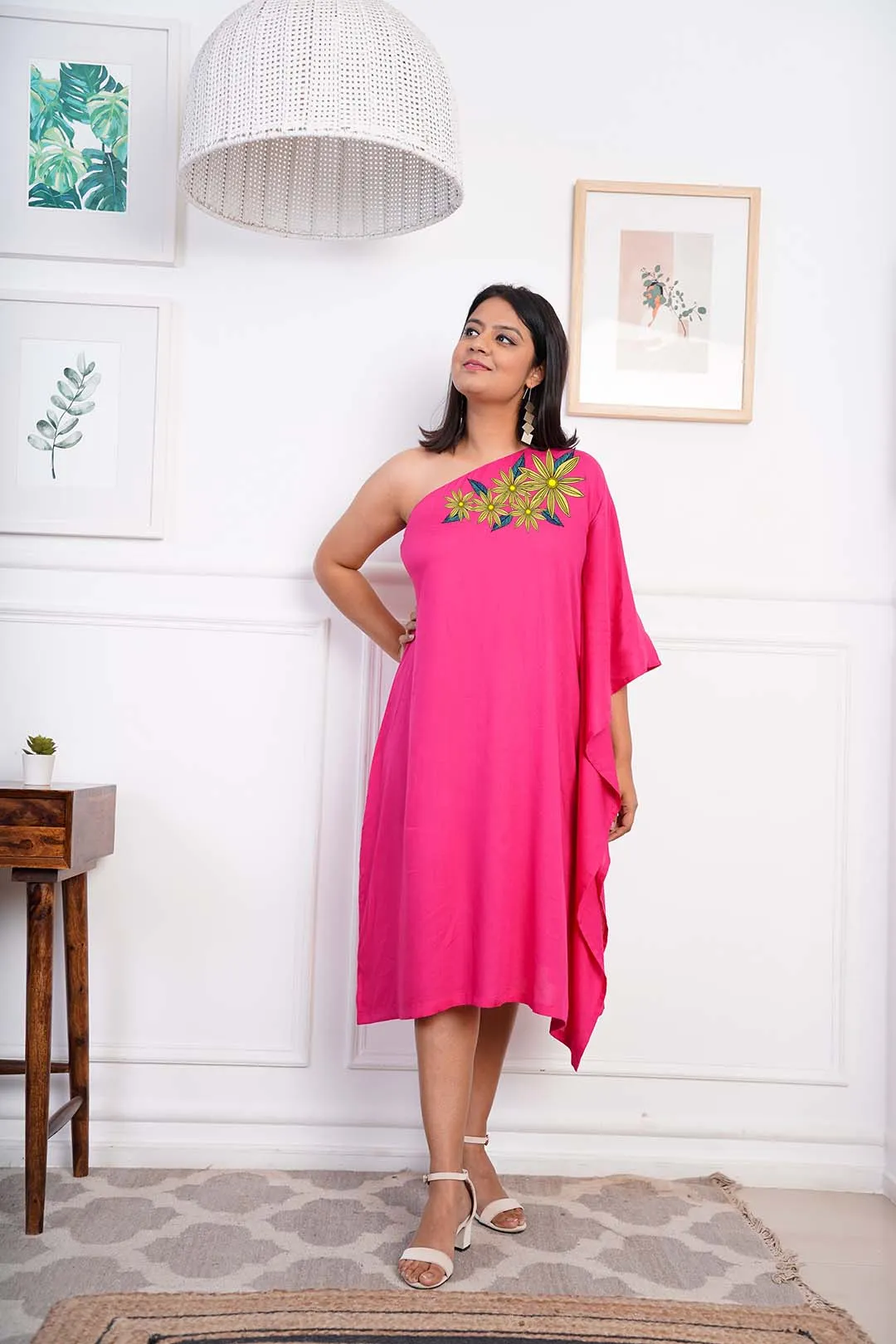 Magenta Rayon OneShoulder Dress - Solus