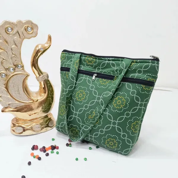 Medium Size Handbag Green Colour with White Bandhani Design.
