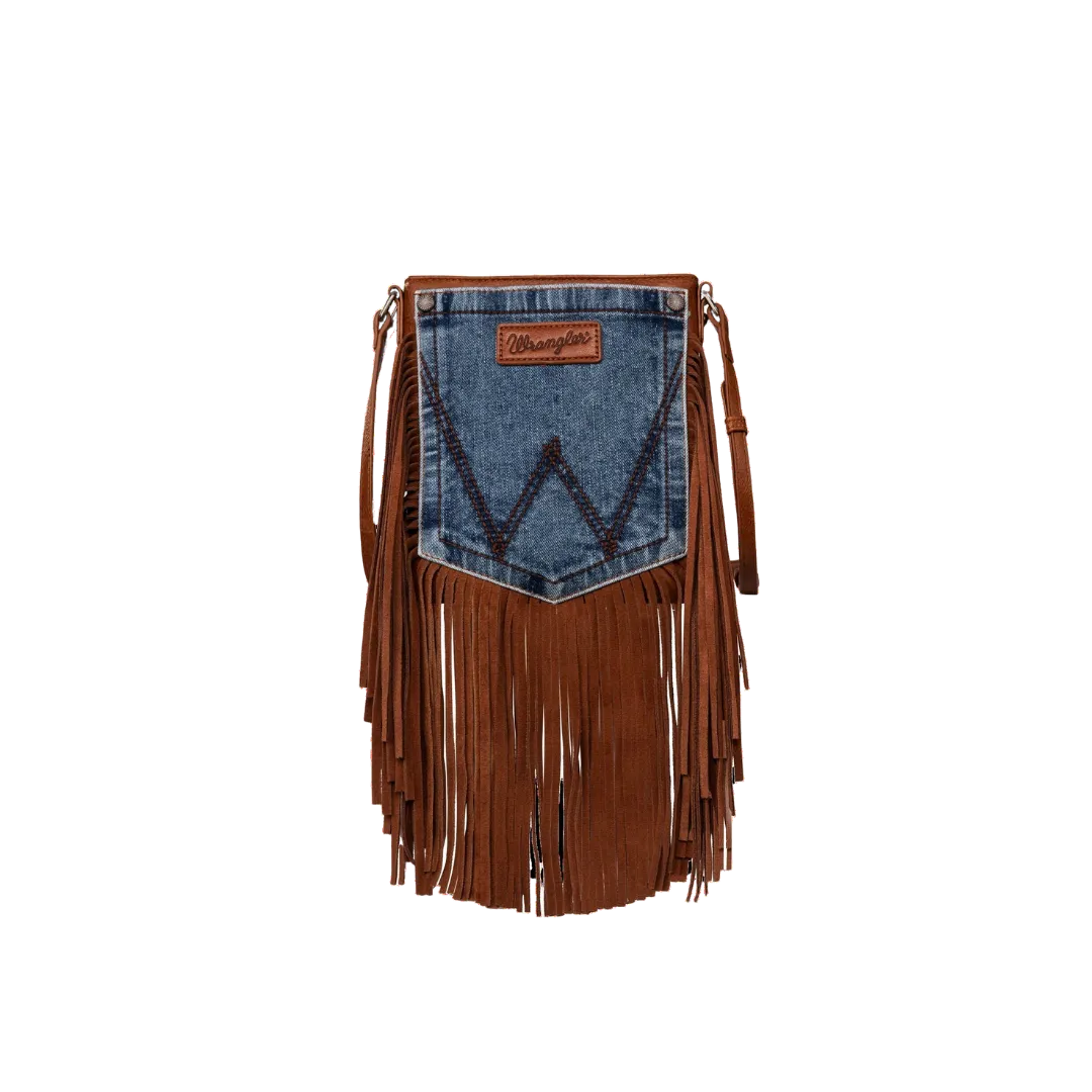 Montana West Women's Wrangler Leather Fringe Denim Brown Crossbody Bag