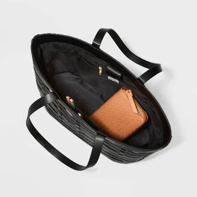 New - Basket Weave Woven Tote Handbag - A New Day Black