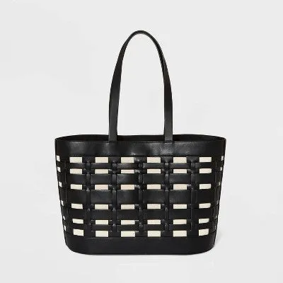 New - Basket Weave Woven Tote Handbag - A New Day Black