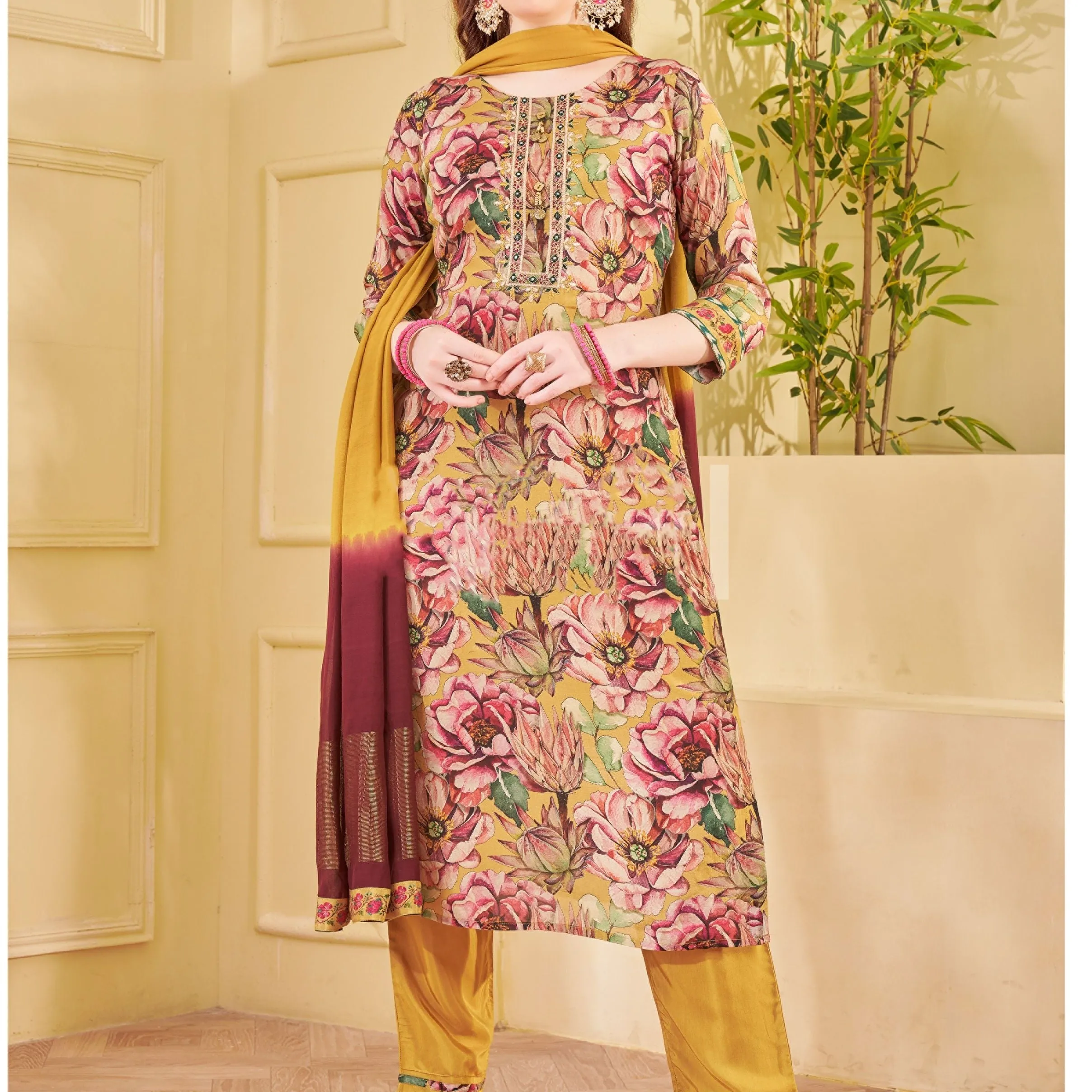 Premium Suit Set With Dupatta (Top-Muslin, Bottom-Satun, Dupatta-Siffon) Mustard Yellow Multicolor Tropical Print Fabric