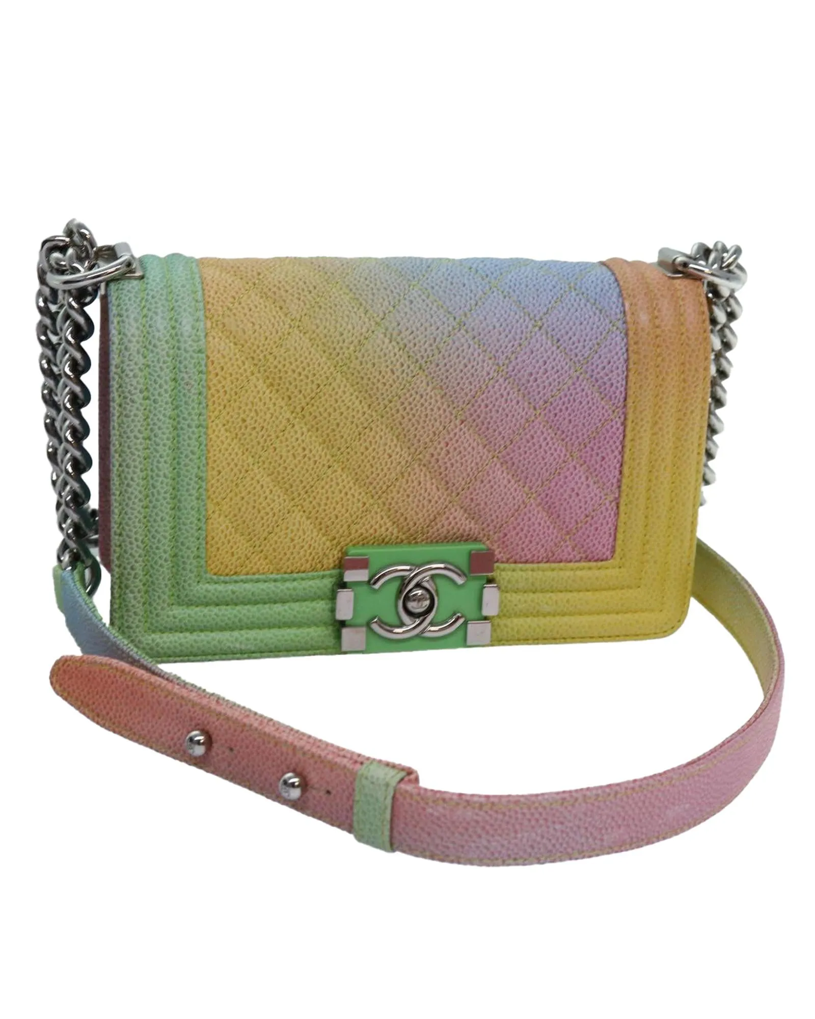 Rainbow Leather Chain Shoulder Bag with Matelasse Design and CC Logo