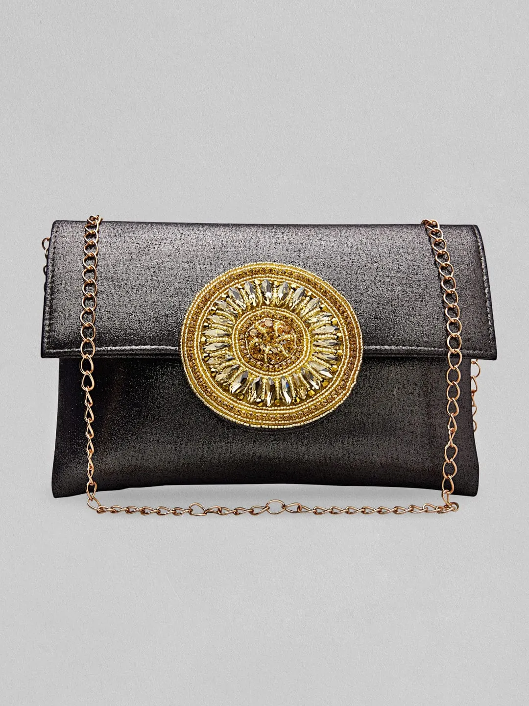 Rubans Black Coloured Clutch Glossy Shine And Embroided Stones Design
