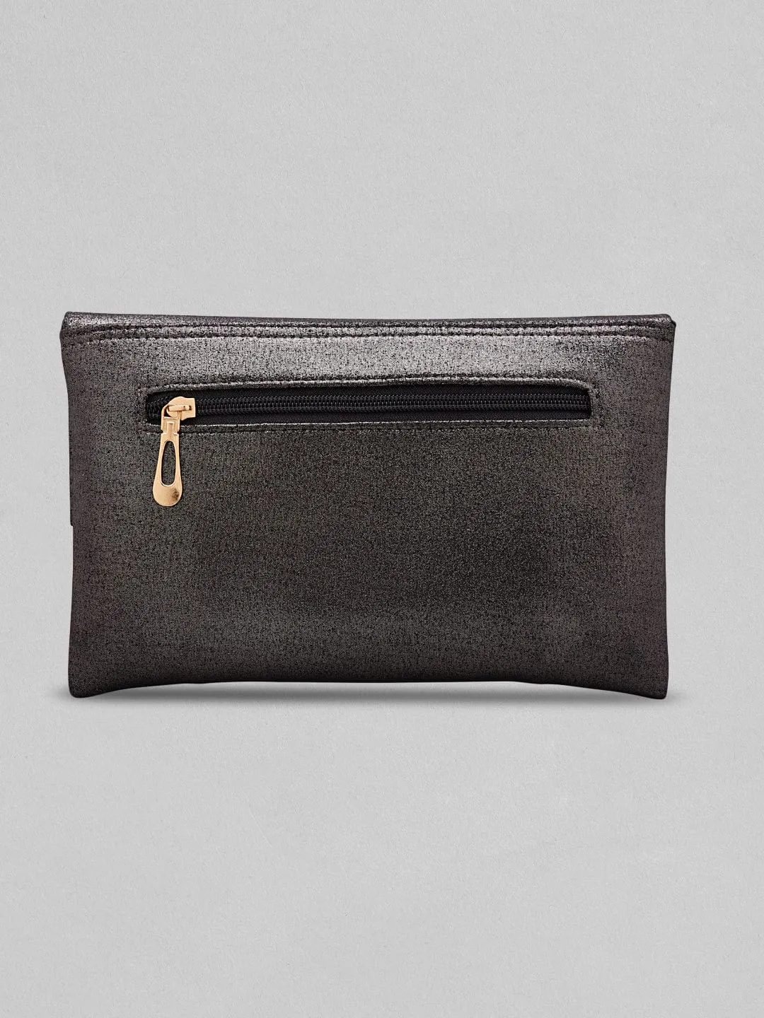Rubans Black Coloured Clutch Glossy Shine And Embroided Stones Design