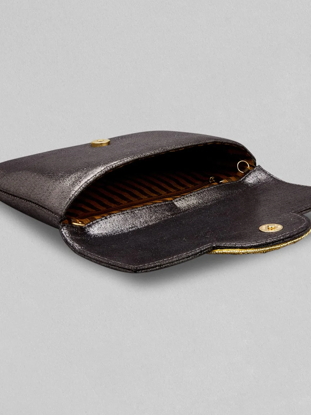 Rubans Black Coloured Clutch Glossy Shine And Embroided Stones Design