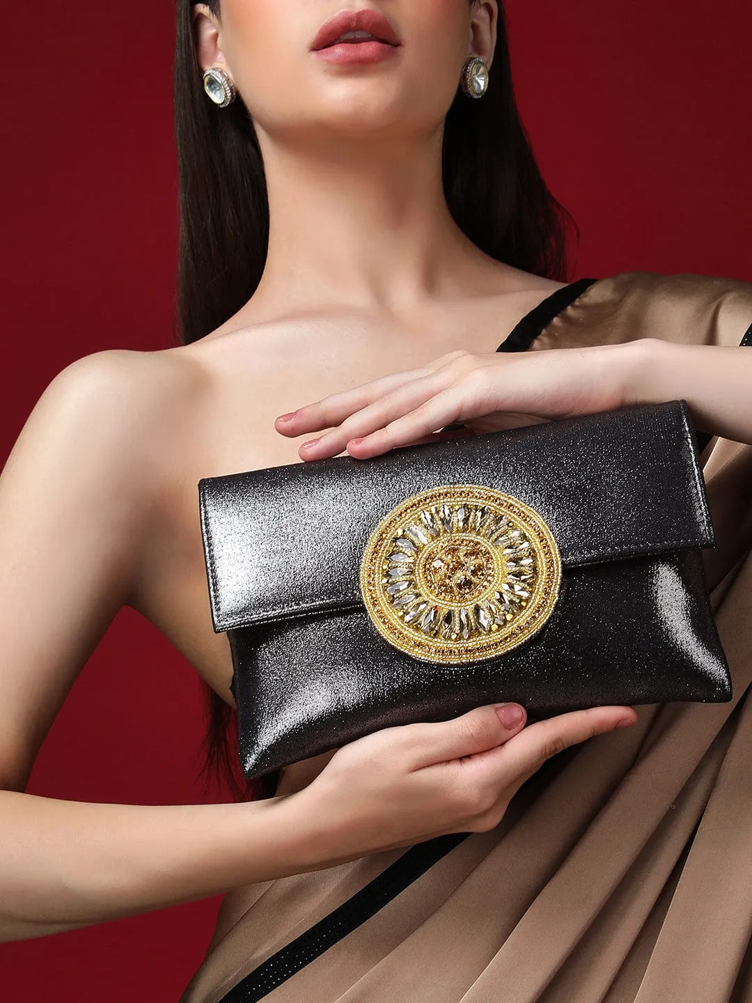 Rubans Black Coloured Clutch Glossy Shine And Embroided Stones Design