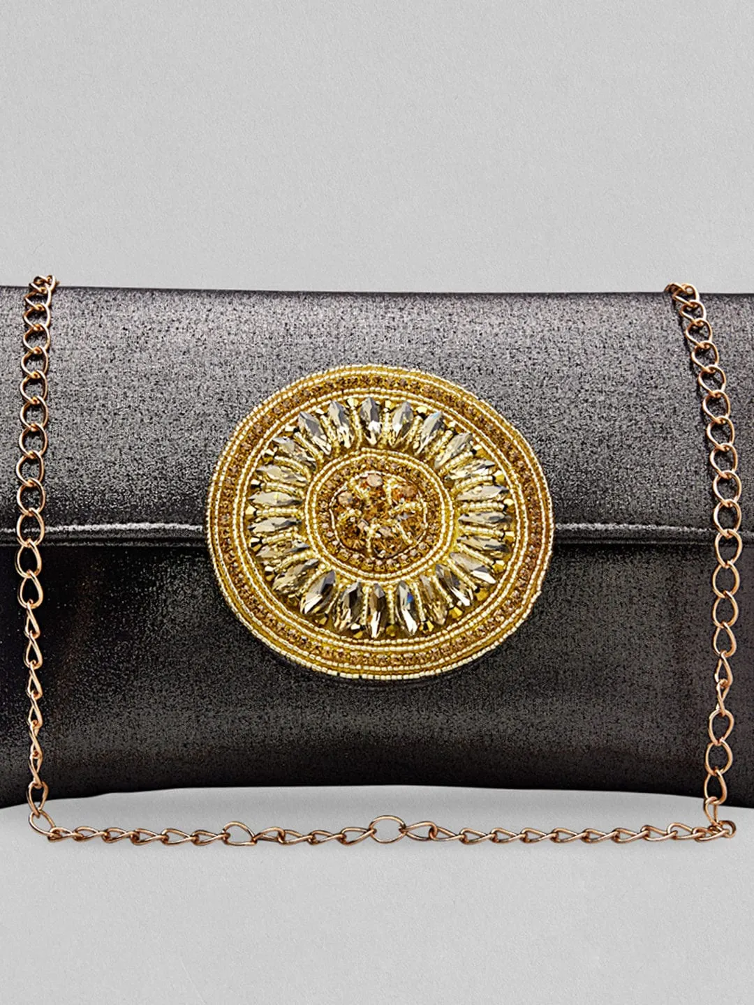 Rubans Black Coloured Clutch Glossy Shine And Embroided Stones Design