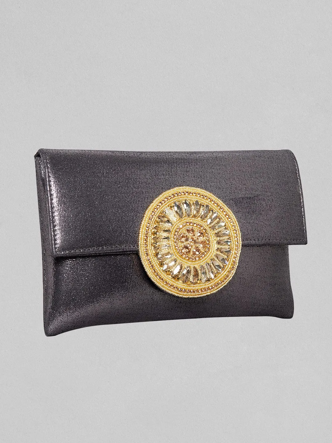 Rubans Black Coloured Clutch Glossy Shine And Embroided Stones Design